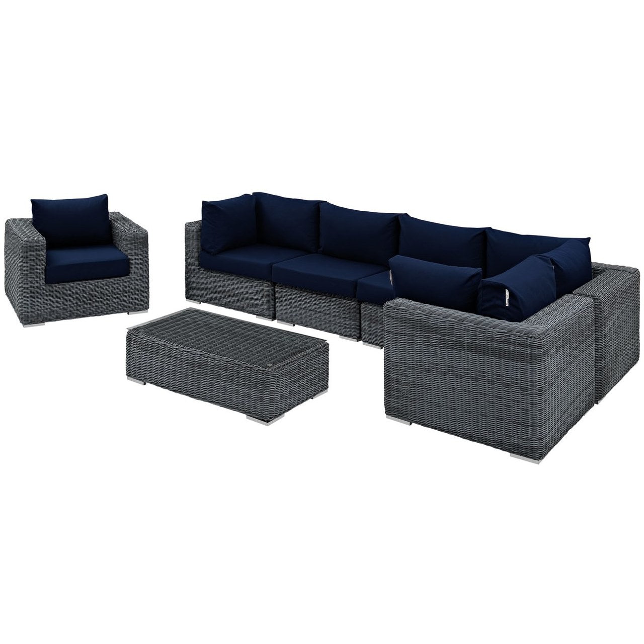 Summon Seven PCS Outdoor Patio Sunbrella Sectional Set, Navy, Rattan 9834