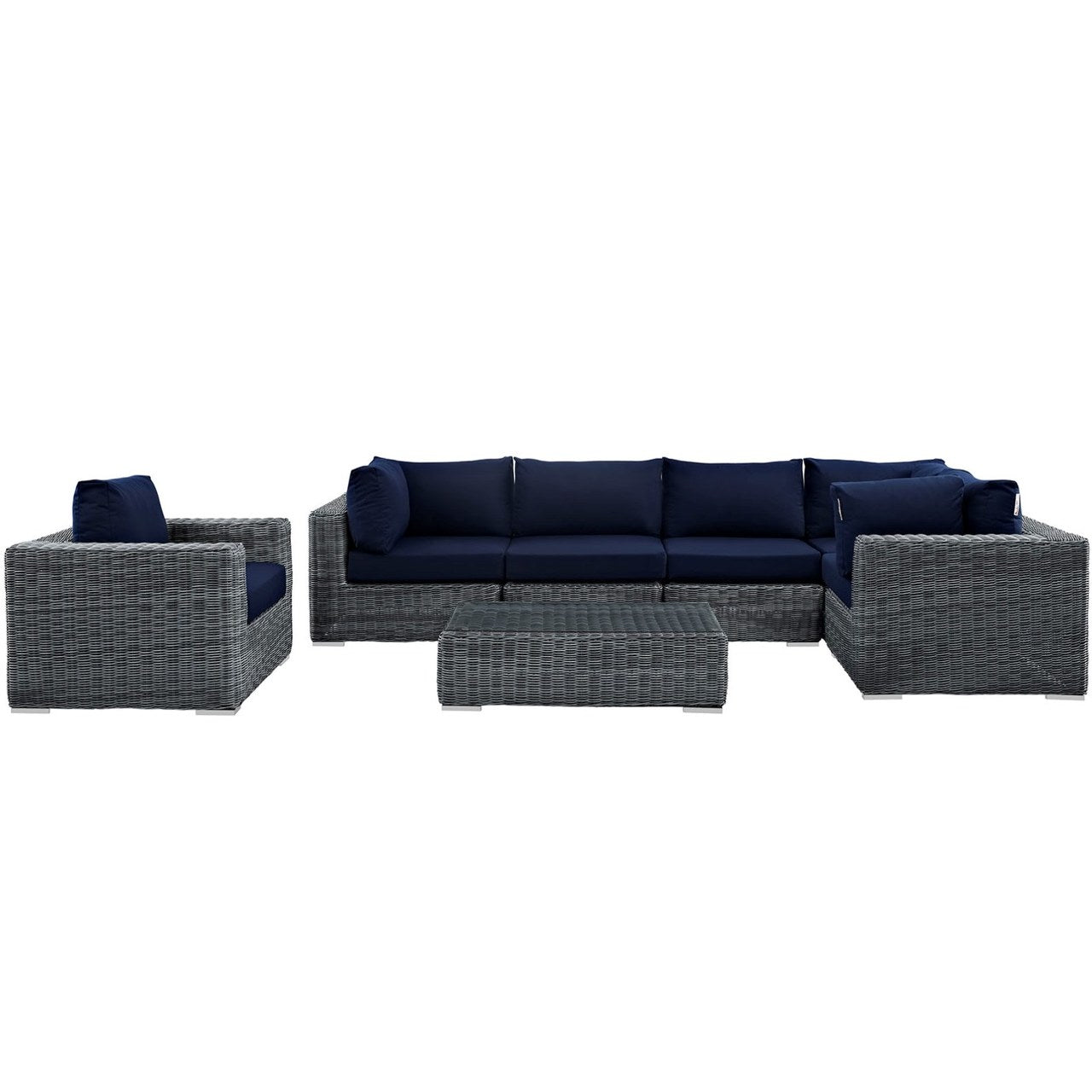 Summon Seven PCS Outdoor Patio Sunbrella Sectional Set, Navy, Rattan 9834