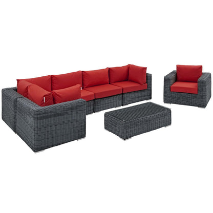 Summon 7 Piece Outdoor Patio Sunbrella® Sectional Set, Sunbrella Rattan Wicker, Grey Red 13399