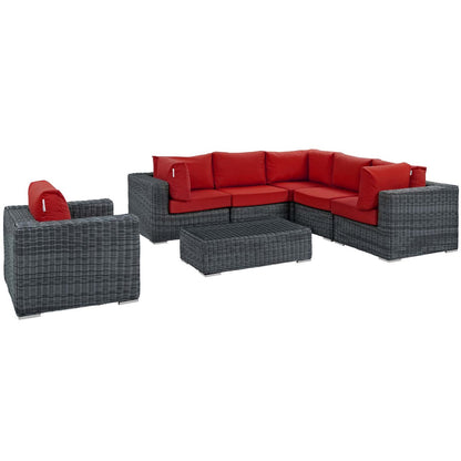 Summon 7 Piece Outdoor Patio Sunbrella® Sectional Set, Sunbrella Rattan Wicker, Grey Red 13399
