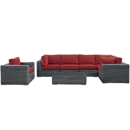 Summon 7 Piece Outdoor Patio Sunbrella® Sectional Set, Sunbrella Rattan Wicker, Grey Red 13399