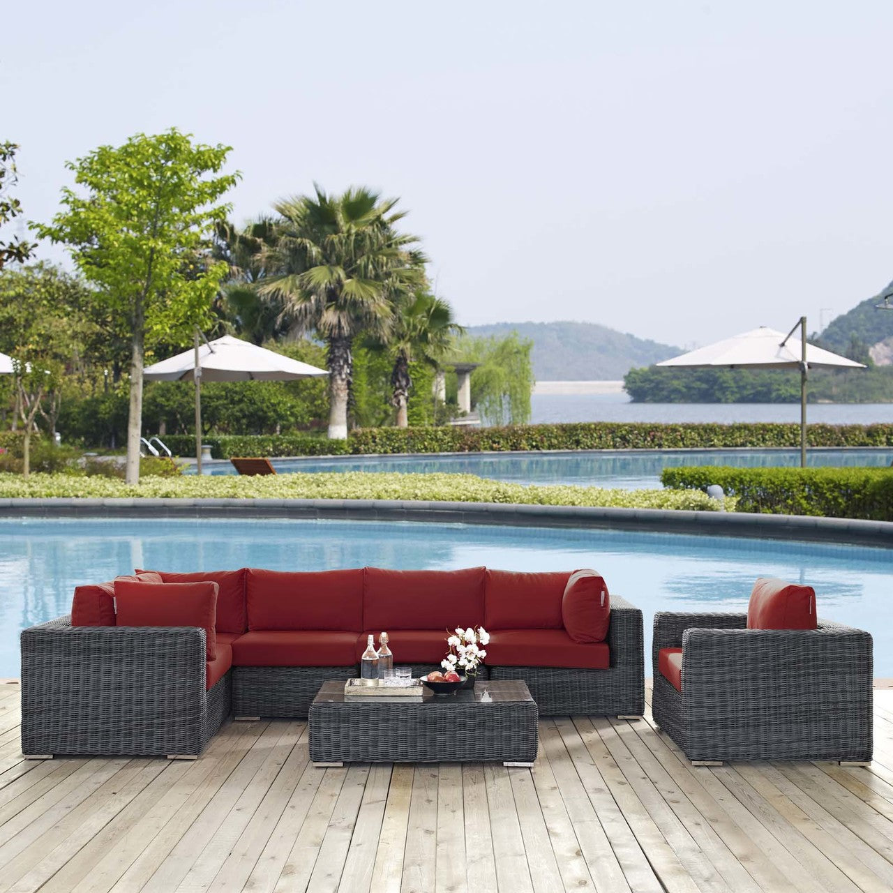 Summon 7 Piece Outdoor Patio Sunbrella® Sectional Set, Sunbrella Rattan Wicker, Grey Red 13399