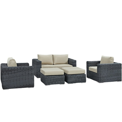Summon Five PCS Outdoor Patio Sunbrella Sectional Set, Beige, Rattan 9836