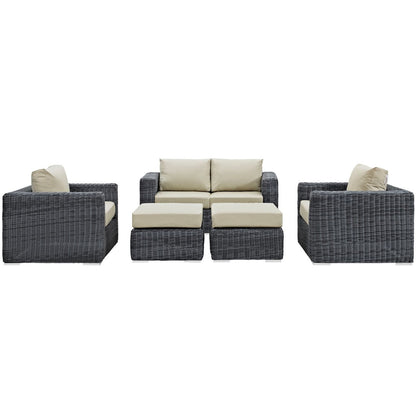 Summon Five PCS Outdoor Patio Sunbrella Sectional Set, Beige, Rattan 9836