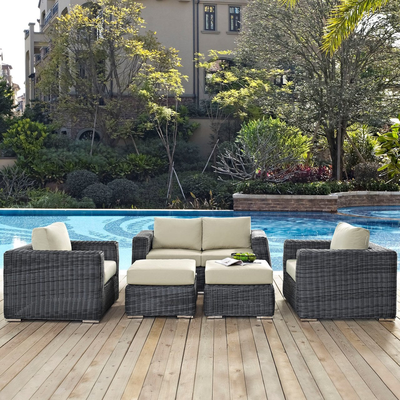 Summon Five PCS Outdoor Patio Sunbrella Sectional Set, Beige, Rattan 9836