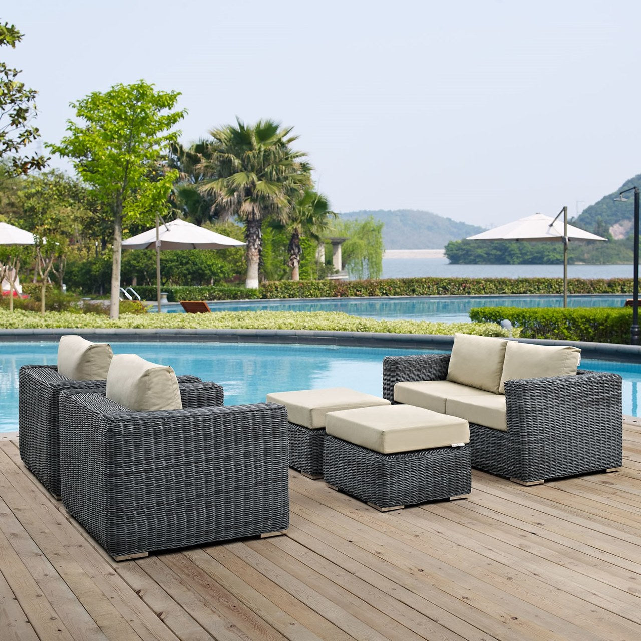Summon Five PCS Outdoor Patio Sunbrella Sectional Set, Beige, Rattan 9836