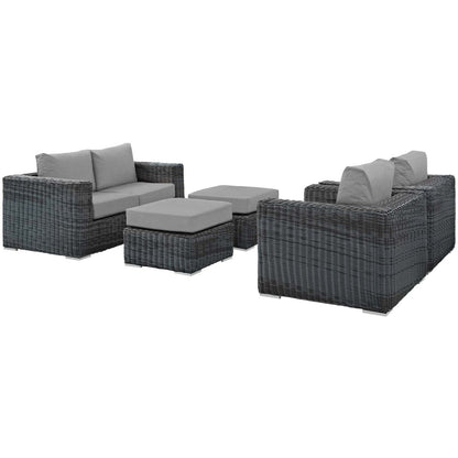 Summon 5 Piece Outdoor Patio Sunbrella® Sectional Set, Sunbrella Rattan Wicker, Grey Gray 13400