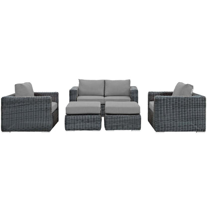 Summon 5 Piece Outdoor Patio Sunbrella® Sectional Set, Sunbrella Rattan Wicker, Grey Gray 13400