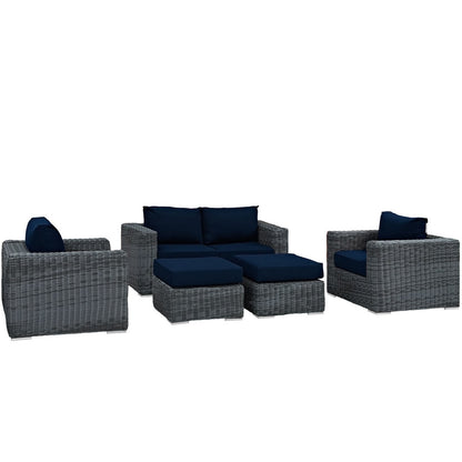 Summon Five PCS Outdoor Patio Sunbrella Sectional Set, Navy, Rattan 9837