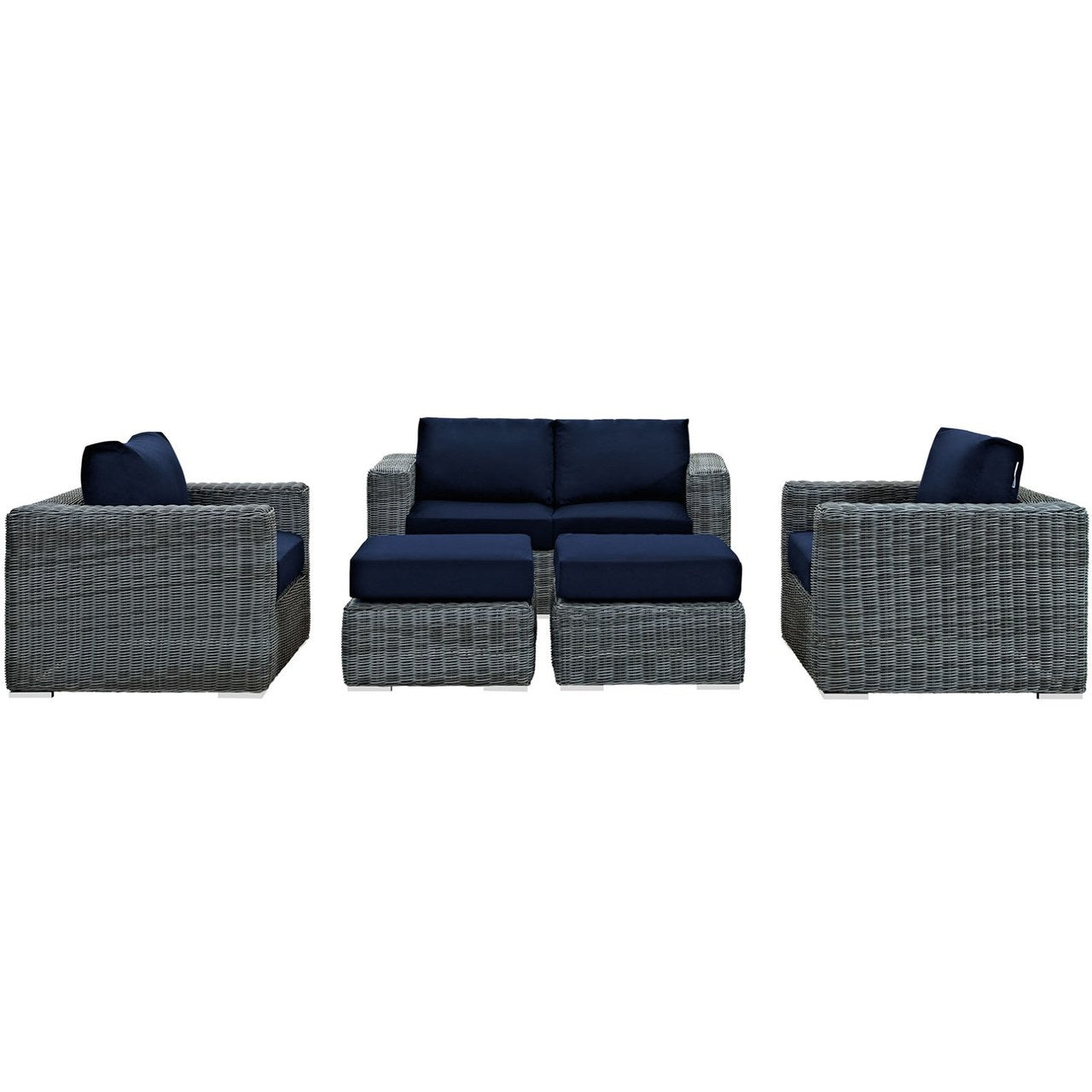 Summon Five PCS Outdoor Patio Sunbrella Sectional Set, Navy, Rattan 9837