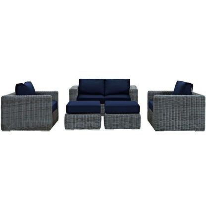 Summon Five PCS Outdoor Patio Sunbrella Sectional Set, Navy, Rattan 9837