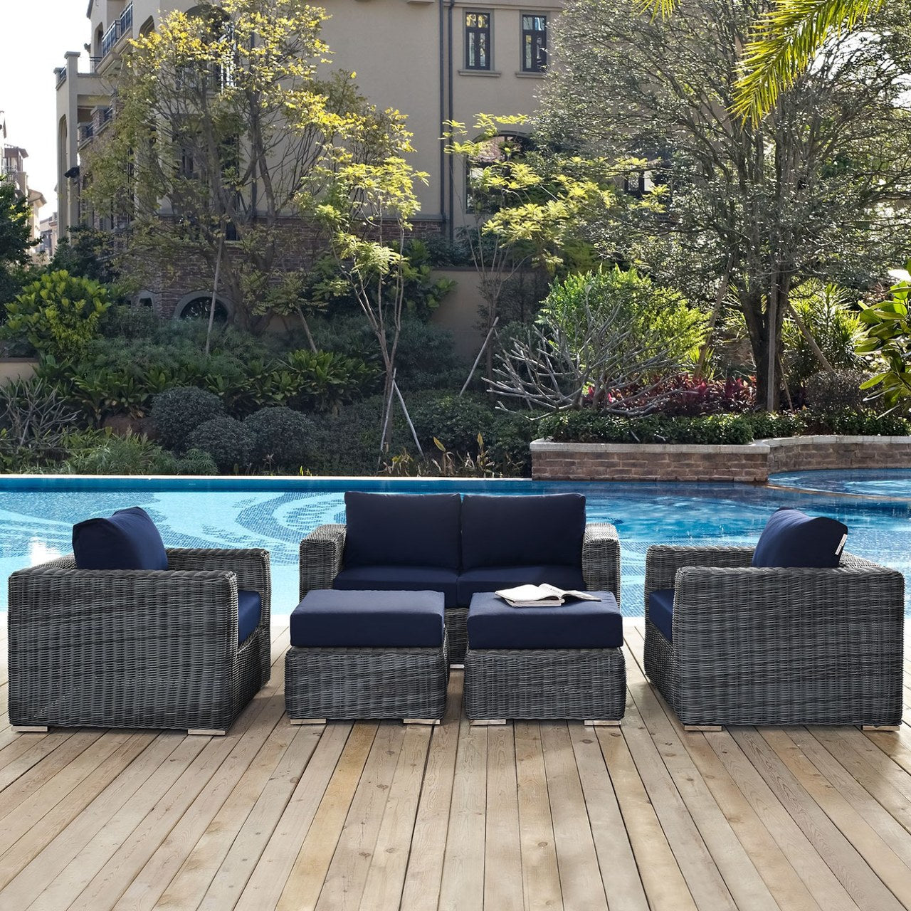 Summon Five PCS Outdoor Patio Sunbrella Sectional Set, Navy, Rattan 9837