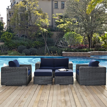 Summon Five PCS Outdoor Patio Sunbrella Sectional Set, Navy, Rattan 9837