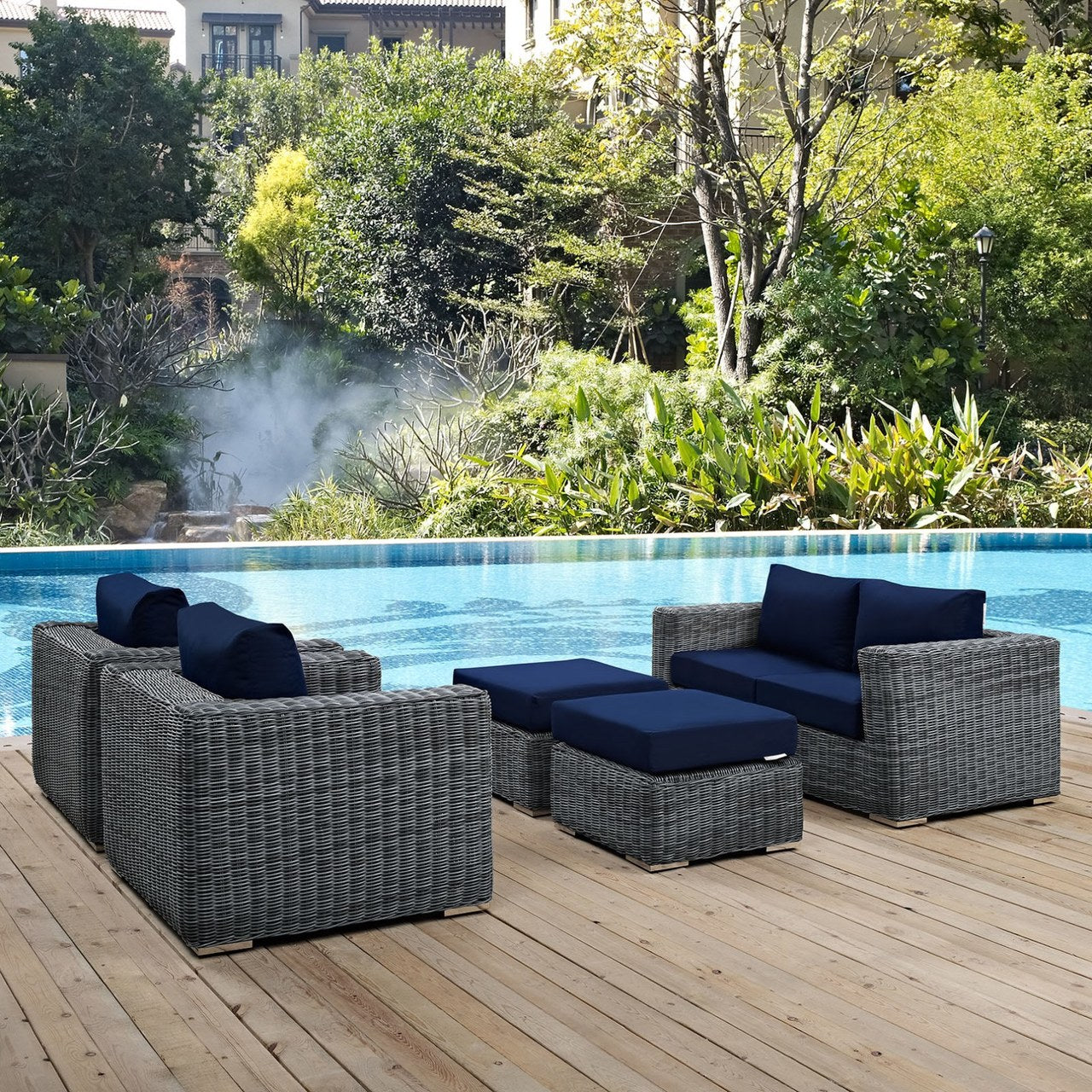 Summon Five PCS Outdoor Patio Sunbrella Sectional Set, Navy, Rattan 9837