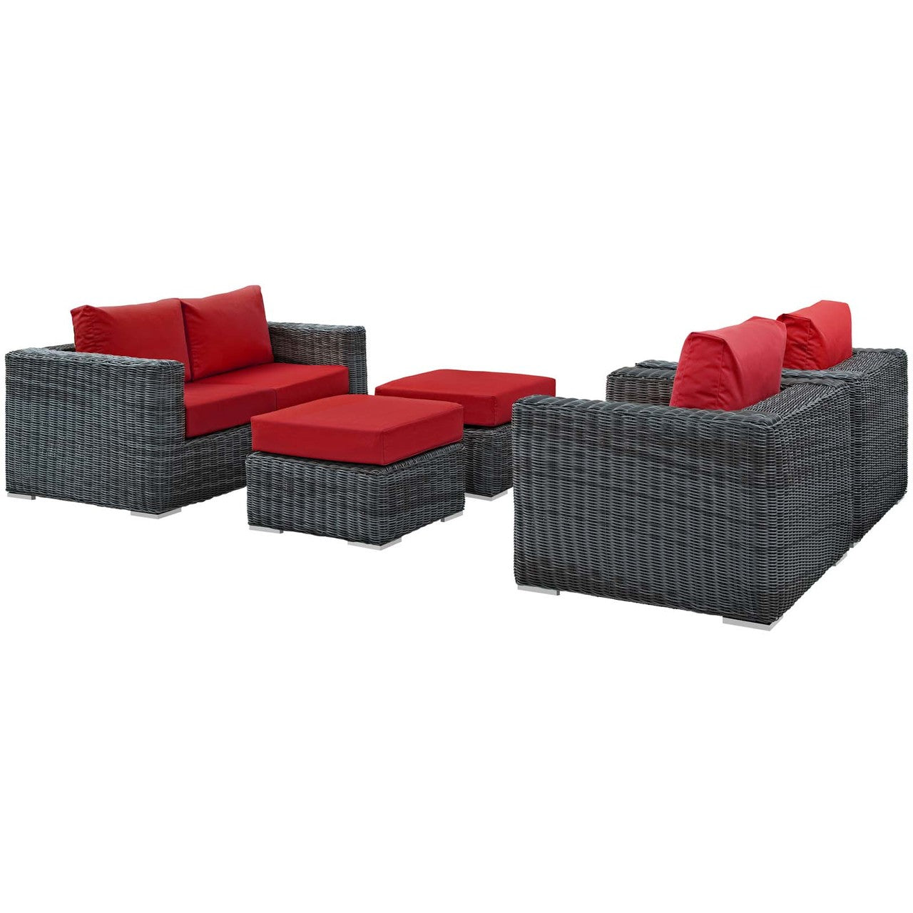 Summon 5 Piece Outdoor Patio Sunbrella® Sectional Set, Sunbrella Rattan Wicker, Grey Red 13401