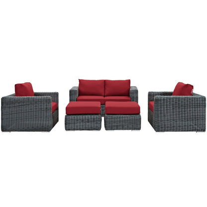 Summon 5 Piece Outdoor Patio Sunbrella® Sectional Set, Sunbrella Rattan Wicker, Grey Red 13401