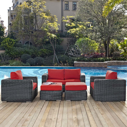 Summon 5 Piece Outdoor Patio Sunbrella® Sectional Set, Sunbrella Rattan Wicker, Grey Red 13401