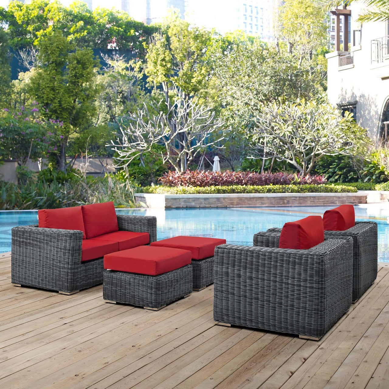 Summon 5 Piece Outdoor Patio Sunbrella® Sectional Set, Sunbrella Rattan Wicker, Grey Red 13401