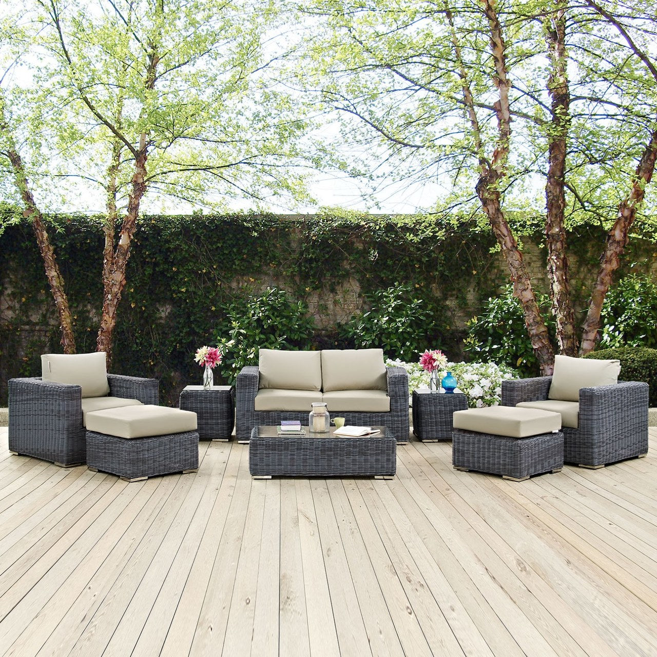 Summon Eight PCS Outdoor Patio Sunbrella Sectional Set, Beige, Rattan 9839