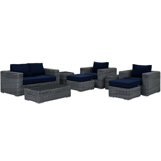 Summon Eight PCS Outdoor Patio Sunbrella Sectional Set, Navy, Rattan 9840