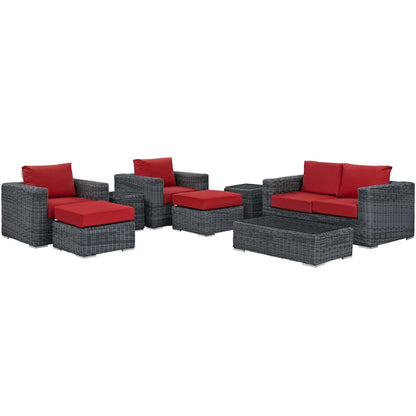 Summon 8 Piece Outdoor Patio Sunbrella® Sectional Set, Sunbrella Rattan Wicker, Grey Red 13403