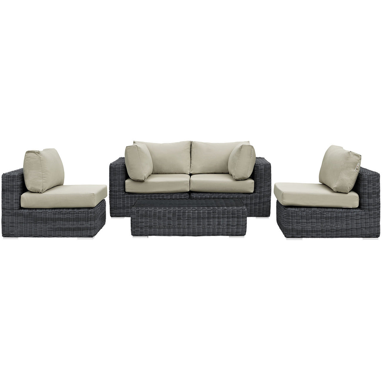 Summon Five PCS Outdoor Patio Sectional Set, Beige, Fabric, Synthetic Rattan