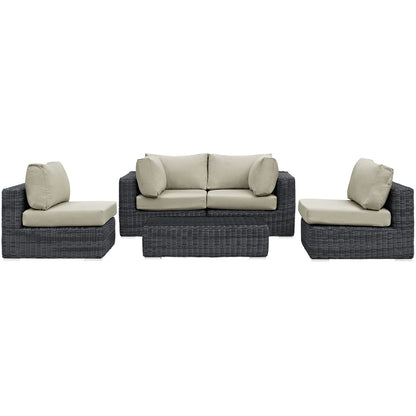 Summon Five PCS Outdoor Patio Sectional Set, Beige, Fabric, Synthetic Rattan