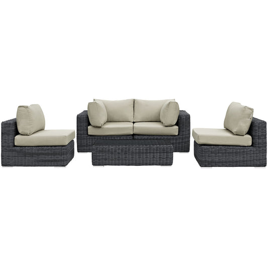 Summon Five PCS Outdoor Patio Sectional Set, Beige, Fabric, Synthetic Rattan