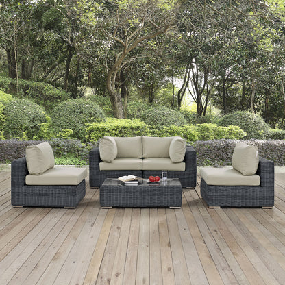 Summon Five PCS Outdoor Patio Sectional Set, Beige, Fabric, Synthetic Rattan