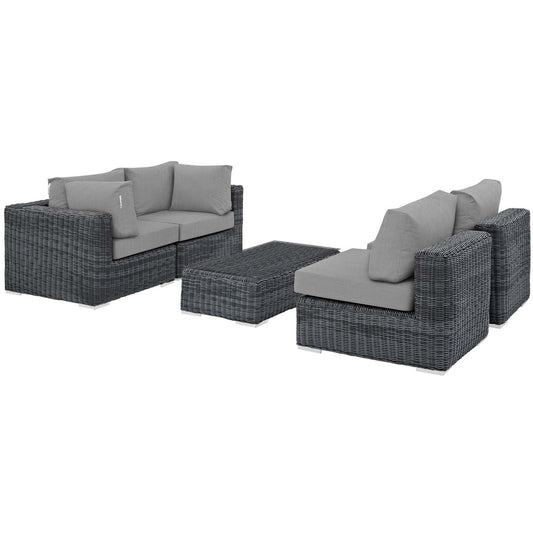 Summon 5 Piece Outdoor Patio Sunbrella® Sectional Set, Sunbrella Rattan Wicker, Grey Gray 13406