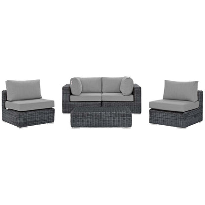 Summon 5 Piece Outdoor Patio Sunbrella® Sectional Set, Sunbrella Rattan Wicker, Grey Gray 13406