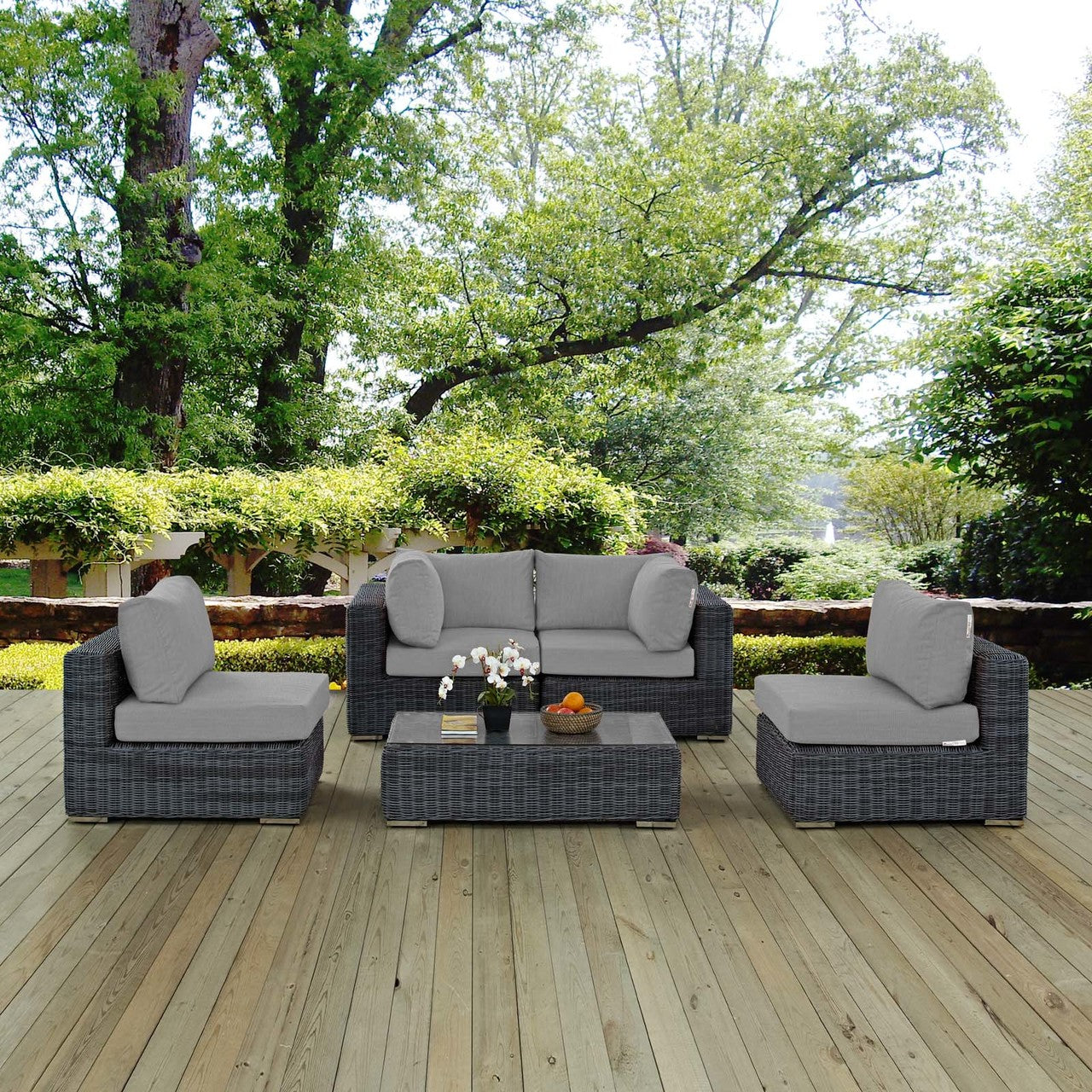 Summon 5 Piece Outdoor Patio Sunbrella® Sectional Set, Sunbrella Rattan Wicker, Grey Gray 13406