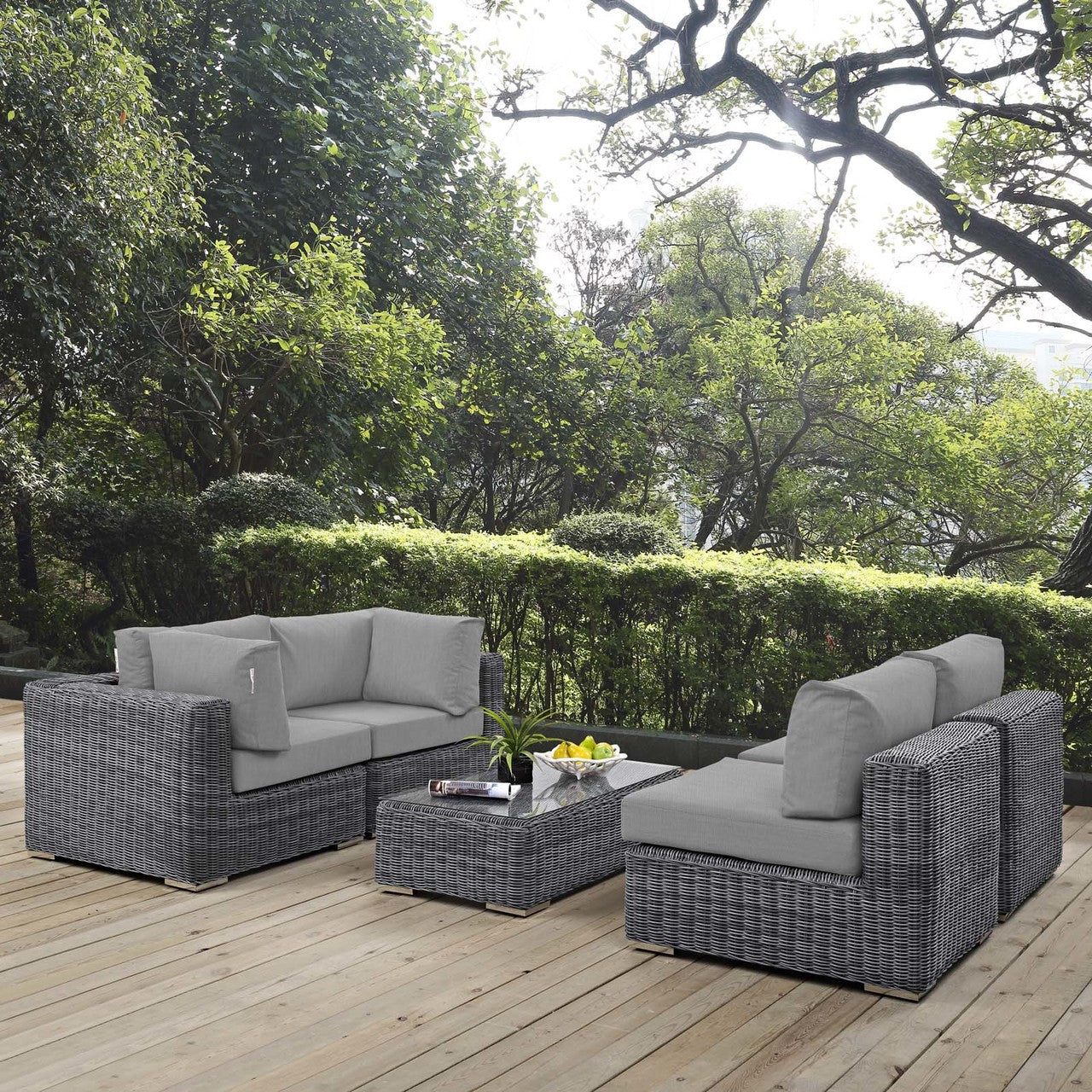 Summon 5 Piece Outdoor Patio Sunbrella® Sectional Set, Sunbrella Rattan Wicker, Grey Gray 13406