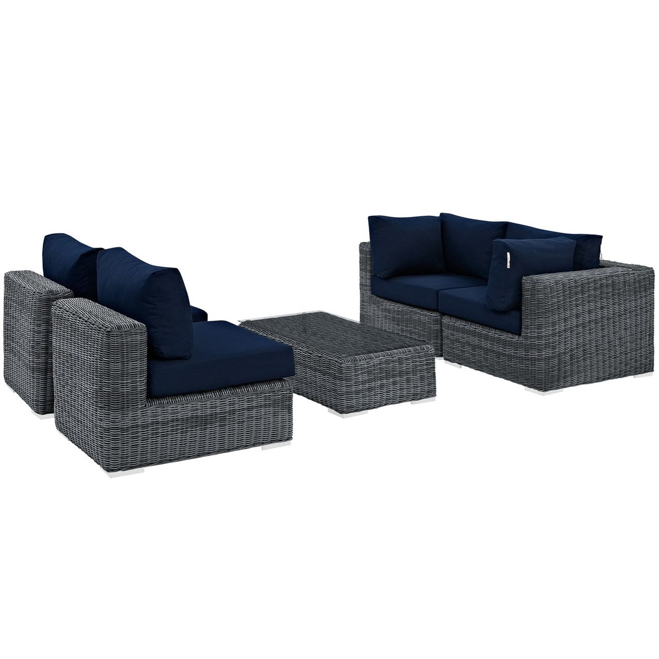 Summon Five PCS Outdoor Patio Sunbrella Sectional Set, Navy, Rattan 9845