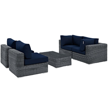 Summon Five PCS Outdoor Patio Sunbrella Sectional Set, Navy, Rattan 9845