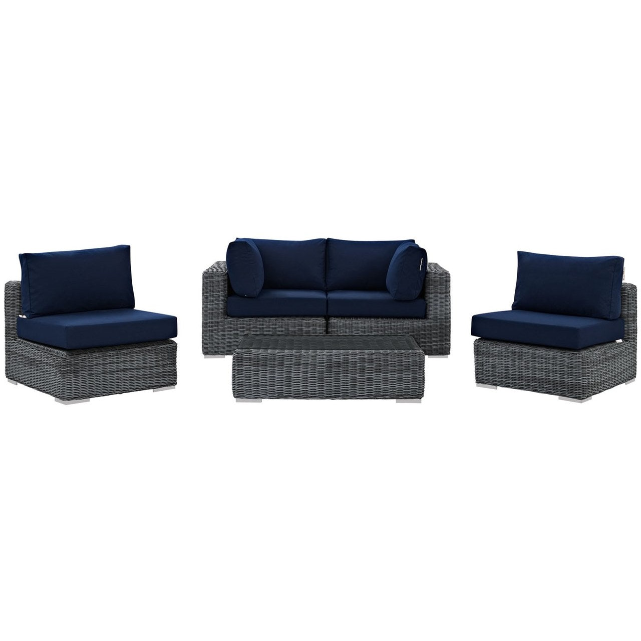 Summon Five PCS Outdoor Patio Sunbrella Sectional Set, Navy, Rattan 9845