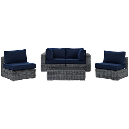 Summon Five PCS Outdoor Patio Sunbrella Sectional Set, Navy, Rattan 9845