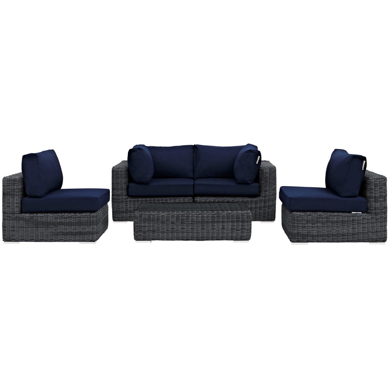 Summon Five PCS Outdoor Patio Sunbrella Sectional Set, Navy, Rattan 9845