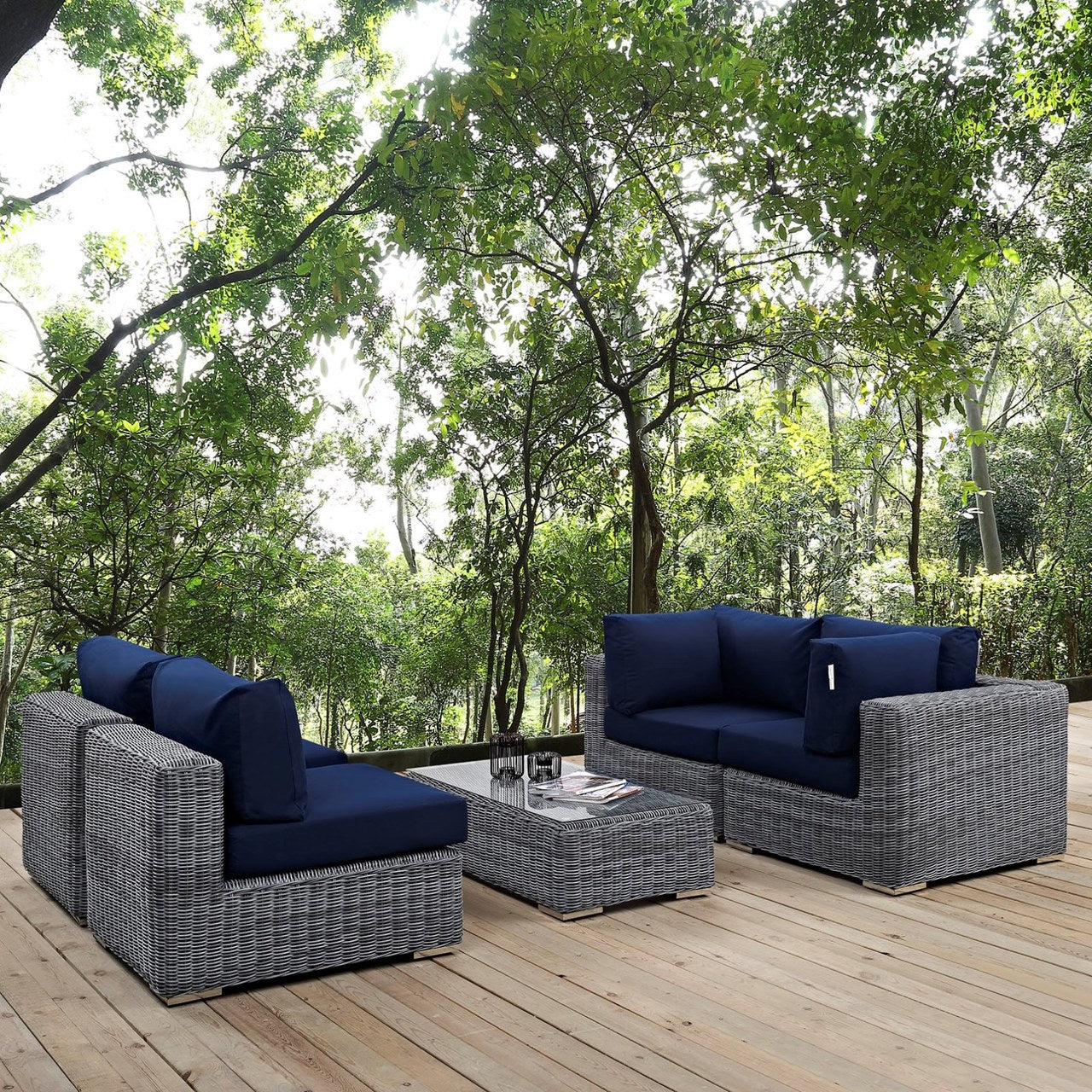 Summon Five PCS Outdoor Patio Sunbrella Sectional Set, Navy, Rattan 9845