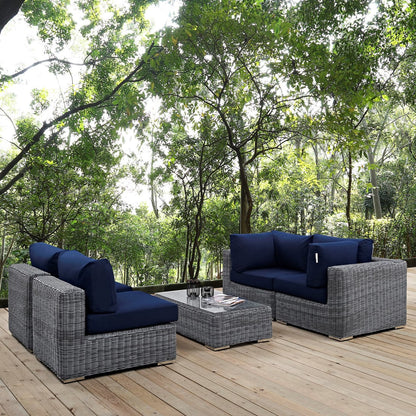 Summon Five PCS Outdoor Patio Sunbrella Sectional Set, Navy, Rattan 9845
