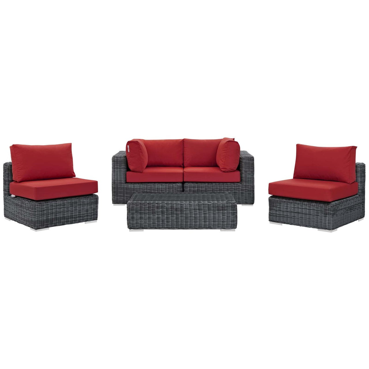 Summon 5 Piece Outdoor Patio Sunbrella® Sectional Set, Sunbrella Rattan Wicker, Grey Red 13407