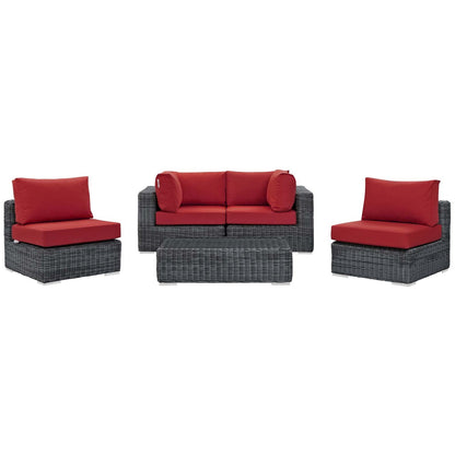 Summon 5 Piece Outdoor Patio Sunbrella® Sectional Set, Sunbrella Rattan Wicker, Grey Red 13407
