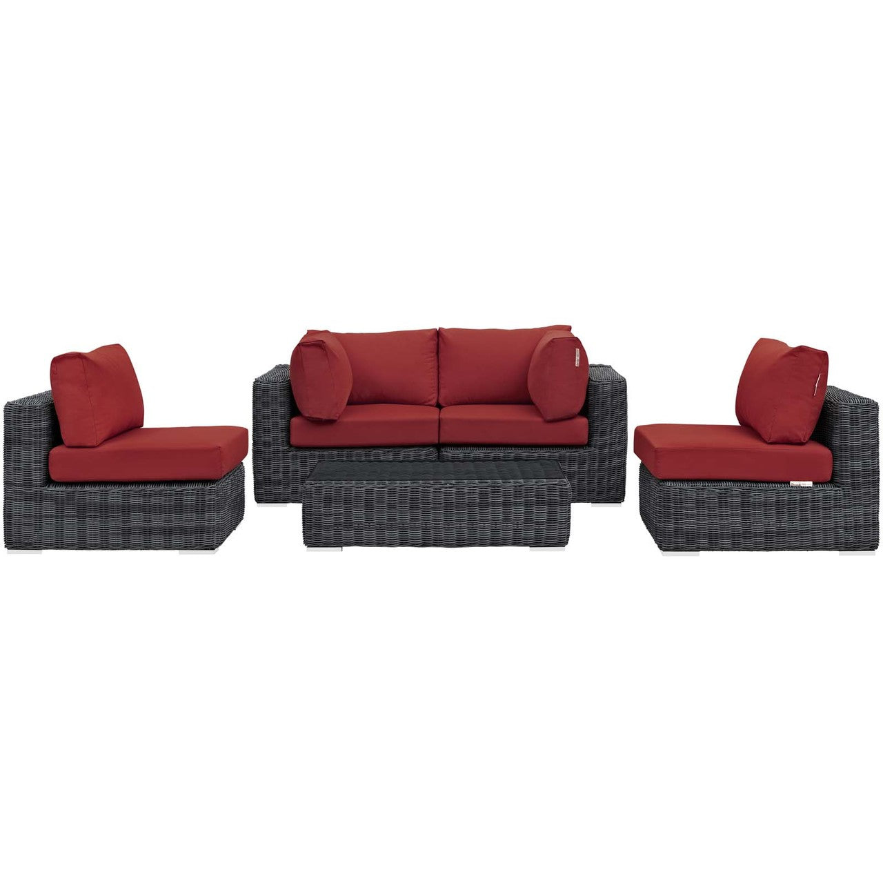 Summon 5 Piece Outdoor Patio Sunbrella® Sectional Set, Sunbrella Rattan Wicker, Grey Red 13407