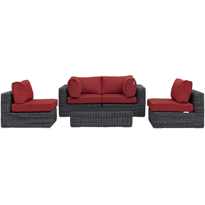 Summon 5 Piece Outdoor Patio Sunbrella® Sectional Set, Sunbrella Rattan Wicker, Grey Red 13407