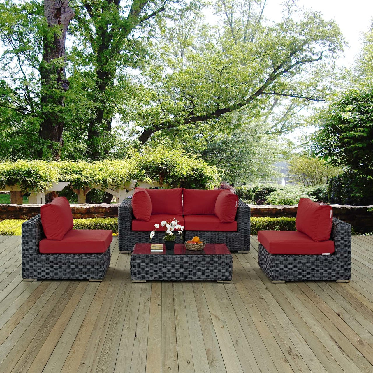 Summon 5 Piece Outdoor Patio Sunbrella® Sectional Set, Sunbrella Rattan Wicker, Grey Red 13407