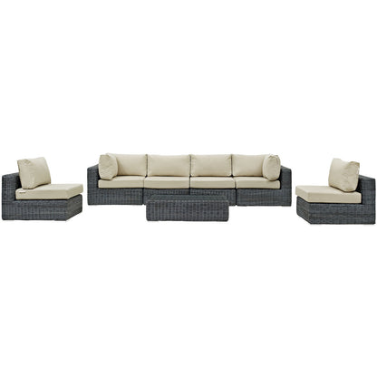 Summon Seven PCS Outdoor Patio Sectional Set, Beige, Fabric, Synthetic Rattan