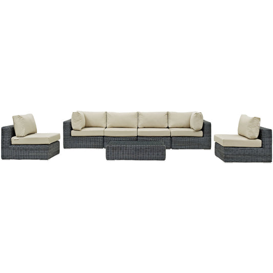 Summon Seven PCS Outdoor Patio Sectional Set, Beige, Fabric, Synthetic Rattan