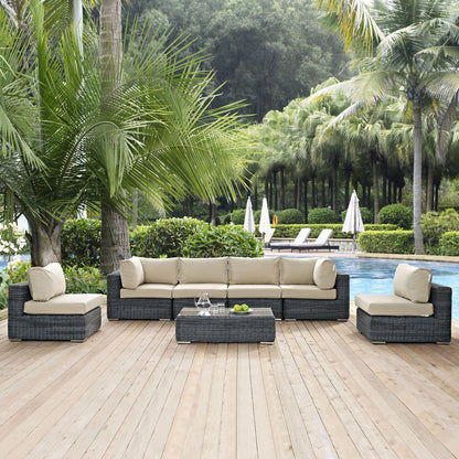Summon Seven PCS Outdoor Patio Sectional Set, Beige, Fabric, Synthetic Rattan