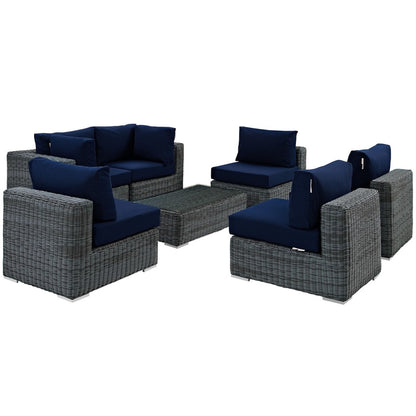 Summon Seven PCS Outdoor Patio Sunbrella Sectional Set, Navy, Rattan 9847
