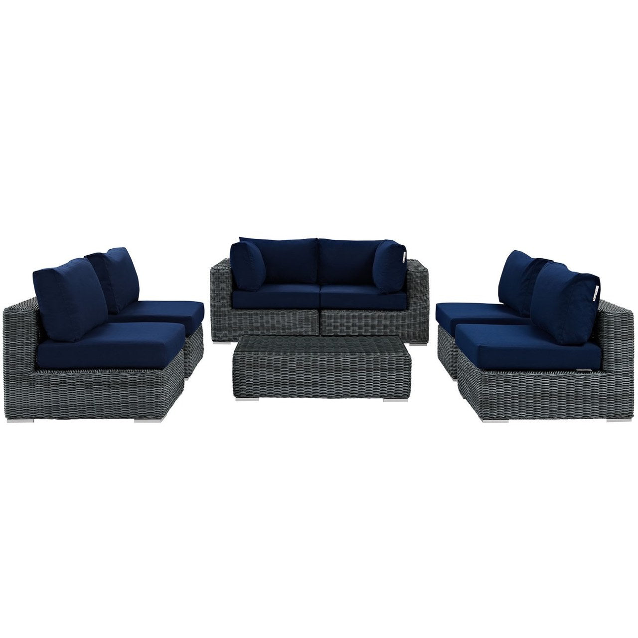 Summon Seven PCS Outdoor Patio Sunbrella Sectional Set, Navy, Rattan 9847